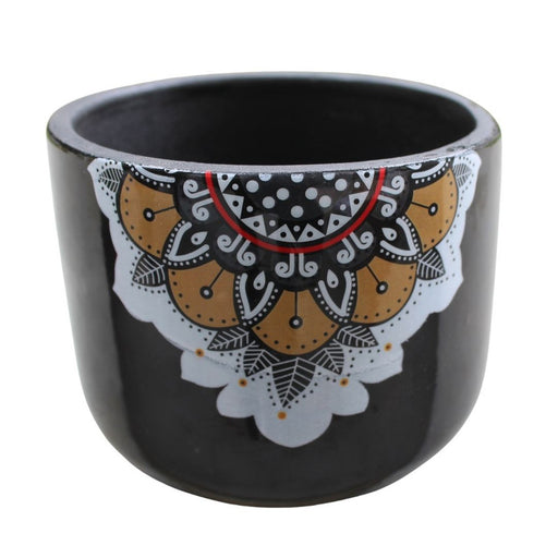 Black ceramic planter pot, mandala art design, decorative flower pot, indoor outdoor plant container, handpainted look, ethnic home decor, black gold white planter.