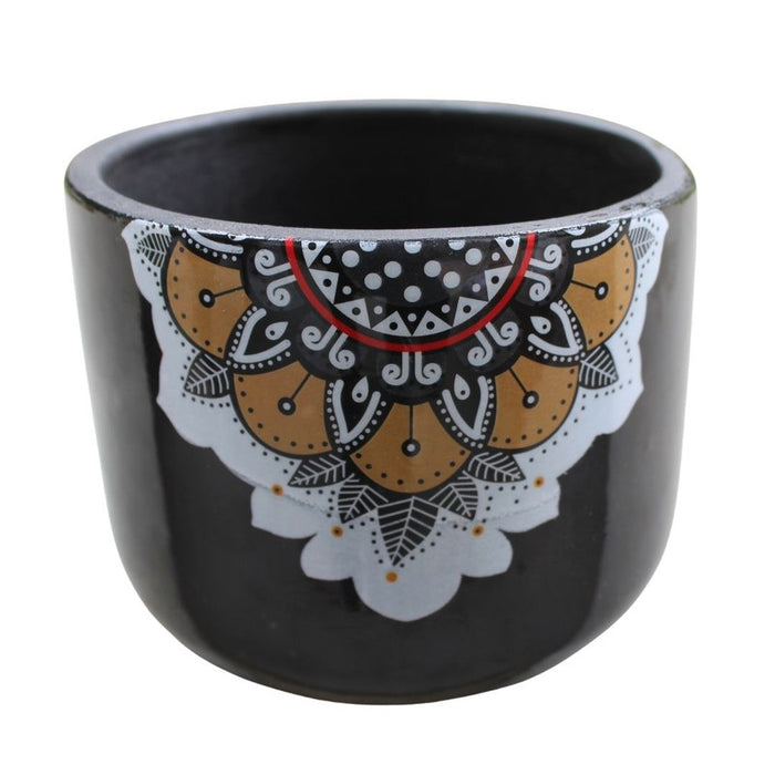 Black ceramic planter pot, mandala art design, decorative flower pot, indoor outdoor plant container, handpainted look, ethnic home decor, black gold white planter.