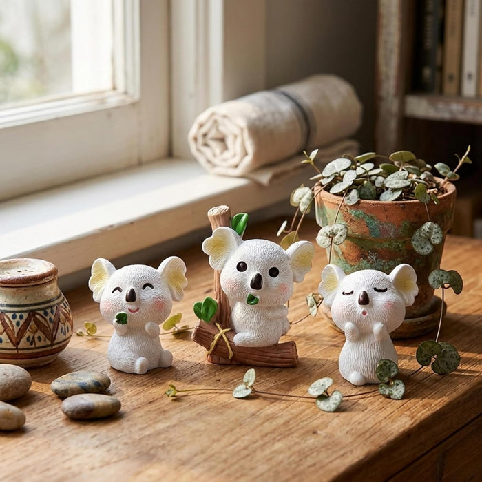 Wonderland 3-Piece Miniature Koala Figurine Set – Cute Resin Koala Bear Ornaments for Fairy Gardens, Doll House Accessories, Diy Craft,Succulent Pots, and Home Decor