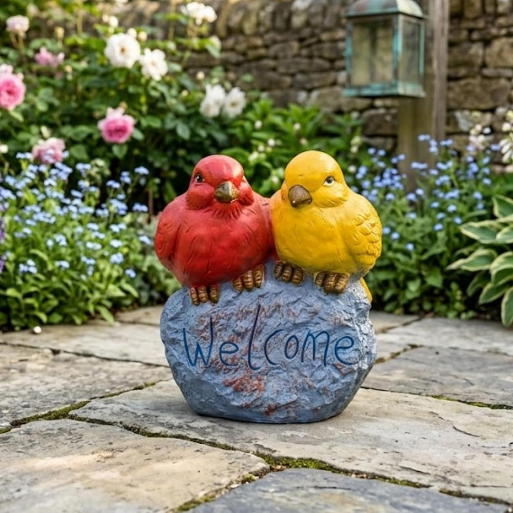 Vibrant Resin Lovebirds Welcome Sign Garden Statue