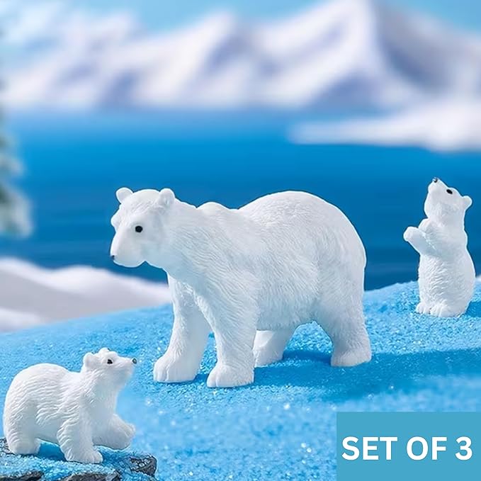 Wonderland Miniature Arctic Bear Figurine Set – 3 Piece Small White Bear Resin Sculptures for Crafts, Desk Decor, and Miniature Displays| Fairy Garden Accessory | Doll House