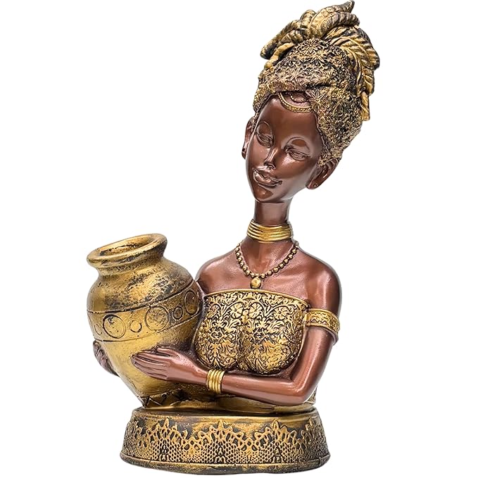 Wonderland Elegant Heritage Woman Figurine – Handcrafted Decorative Statue with Ornate Jar – Antique Bronze & Metallic Golden Accents for Home Styling
