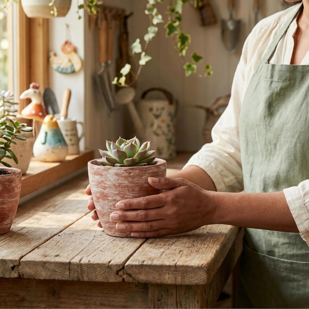 Hand-Finished Distressed Terracotta Planter – 5-Inch Rustic Weathered Clay Pot for Succulents, Herbs, and Indoor Plants