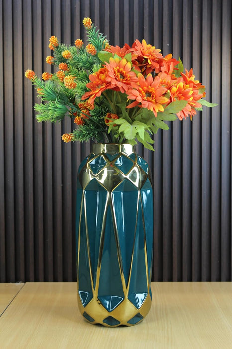 Ceramic Vase with Golden Geometric Design 