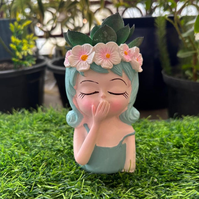 Whimsical 4.3 Inch Girl Succulent Planters – Set of 2 Hand-Painted Resin Face Pots with Flower Crowns for Indoor Home & Office Decor- Plant Not Included