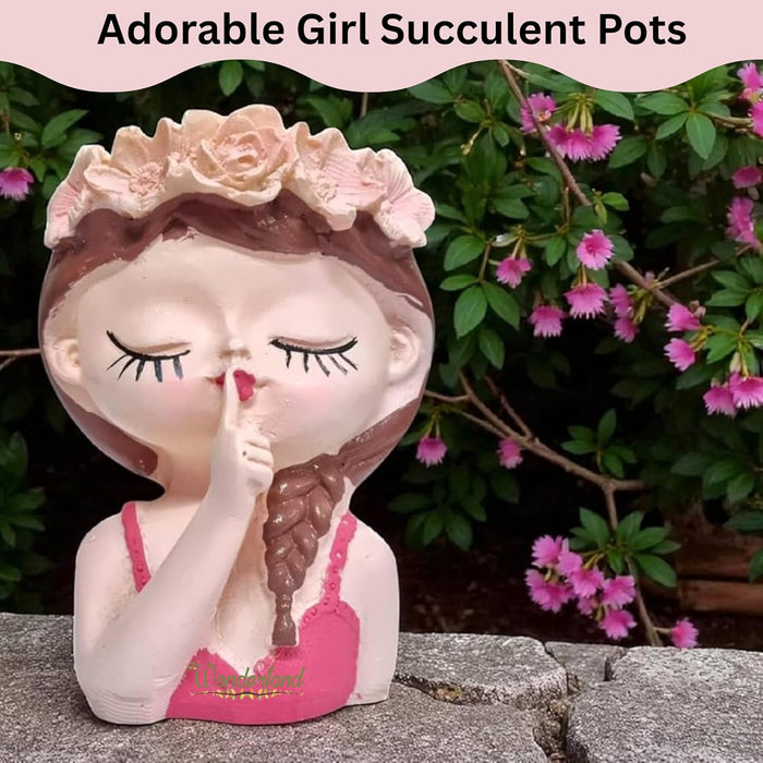 4.7 inch Serene Girl Face Planter – Hand-Painted Resin Succulent Pot with Flower Crown and Braid- Plant Not Included