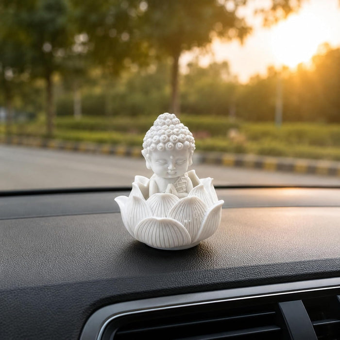 Handcrafted White Resin Monk on Lotus | Spiritual Peace & Meditation Gift