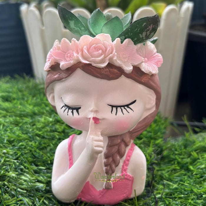 4.7 inch Serene Girl Face Planter – Hand-Painted Resin Succulent Pot with Flower Crown and Braid- Plant Not Included