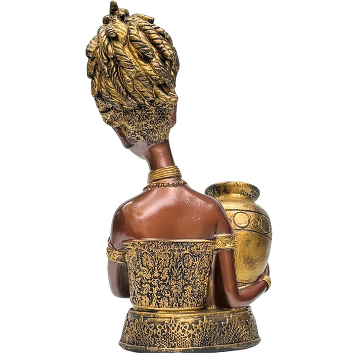 Wonderland Elegant Heritage Woman Figurine – Handcrafted Decorative Statue with Ornate Jar – Antique Bronze & Metallic Golden Accents for Home Styling