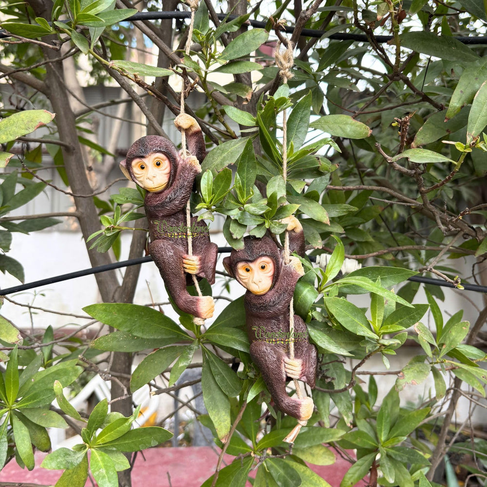 Set of 2 Hand-Painted Mini  Hanging Monkey Tree Sculpture
