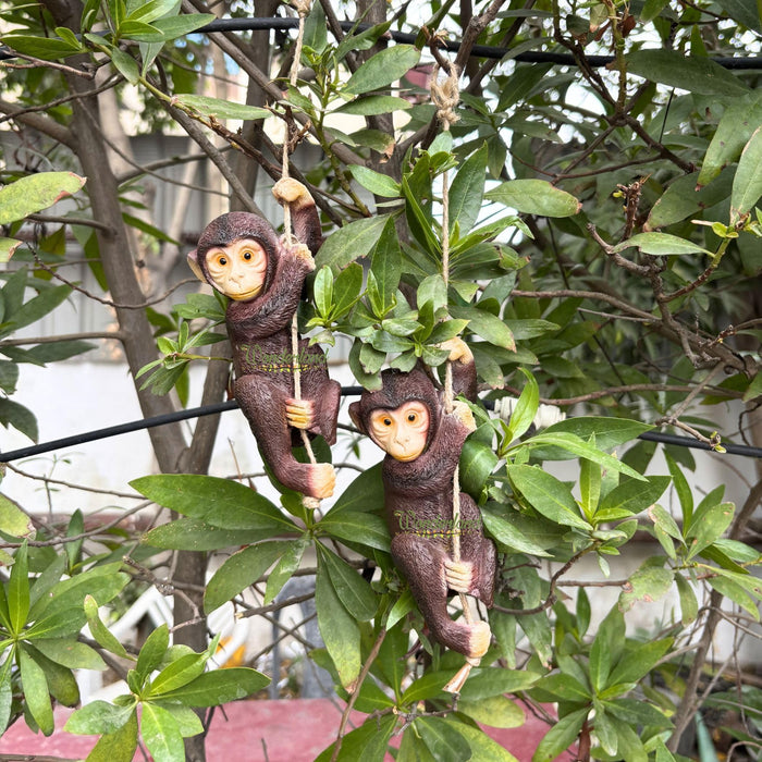 Set of 2 Hand-Painted Hanging Monkey Tree Sculpture – Whimsical Outdoor Garden Figurine with Durable Rope
