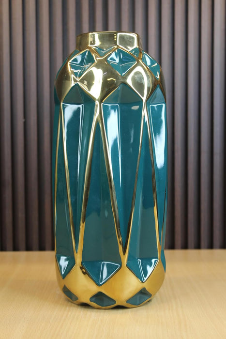 Ceramic Vase with Golden Geometric Design 