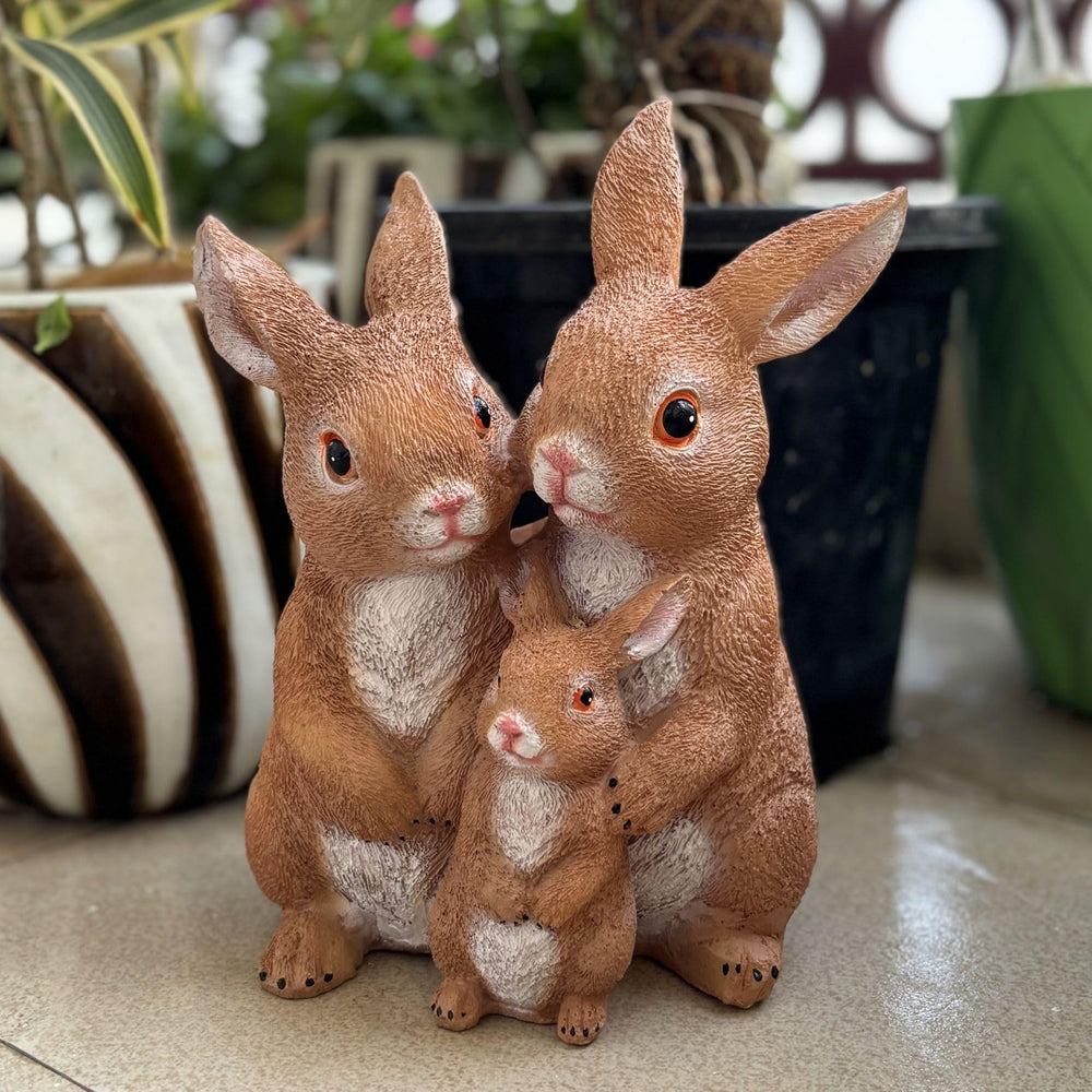 5 Inch Dark Brown Rabbit Family Statue for Garden Décor