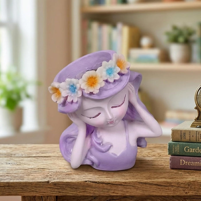 Wonderland Serene Girl Head Planter – Purple Flowered Crown Succulent Pot – Whimsical Resin Face Vase for Indoor Plants and Home Décor(3.5x2x4 inch)