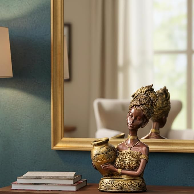 Wonderland Elegant Heritage Woman Figurine – Handcrafted Decorative Statue with Ornate Jar – Antique Bronze & Metallic Golden Accents for Home Styling