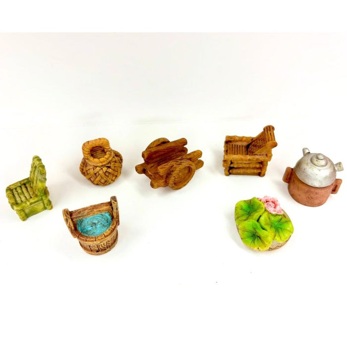 Wonderland 7-Piece Miniature Rustic Furniture & Accessories Set | Fairy Garden, Dollhouse & Terrarium Decor