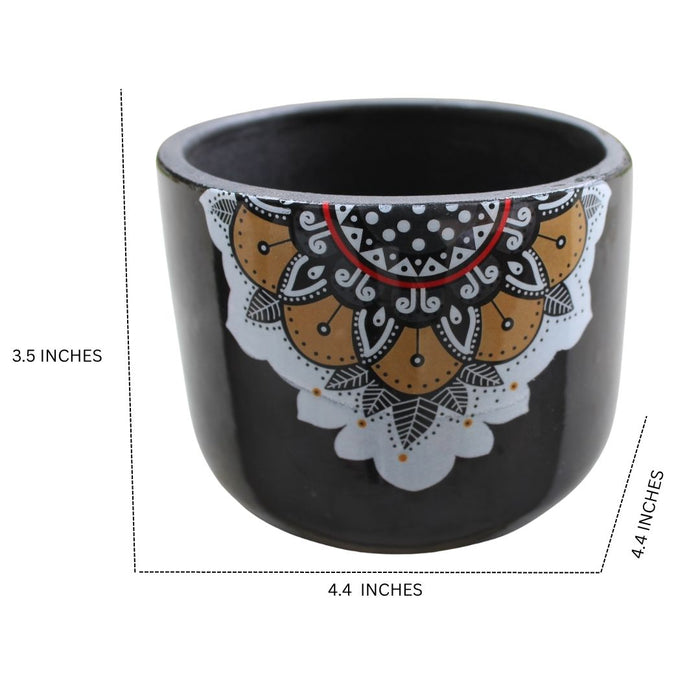 Wonderland Black Ceramic Planter/Pot with Mandala Art Design - Decorative Hand-Painted Look Flower Pot for Home Decor, Indoor/Outdoor Plants