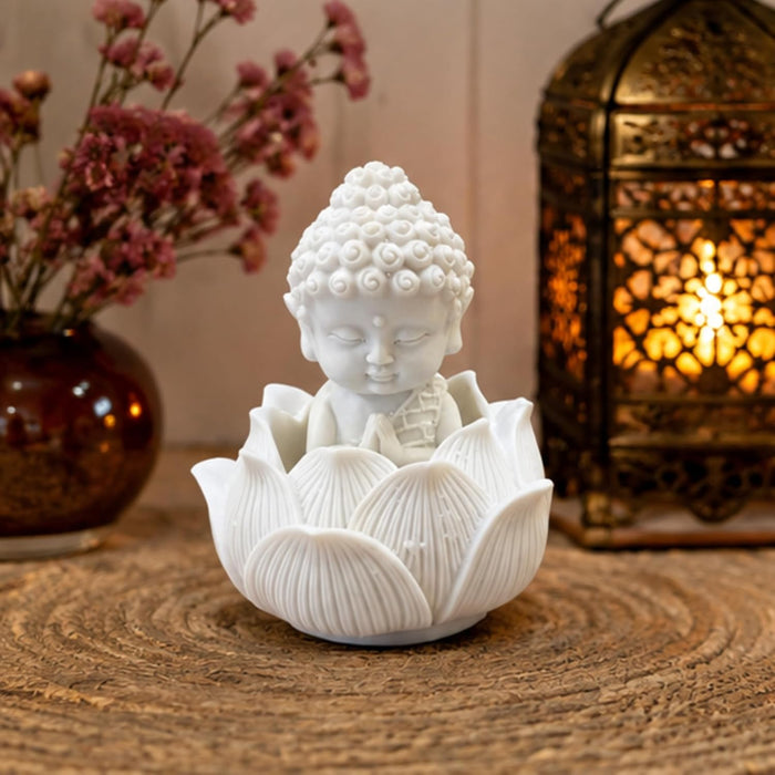 Handcrafted White Resin Monk on Lotus | Spiritual Peace & Meditation Gift