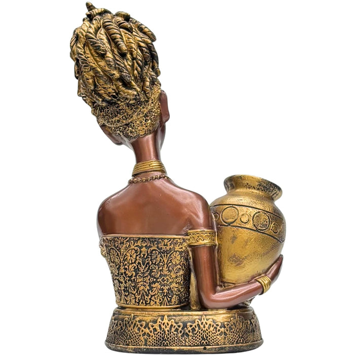 Wonderland Elegant Heritage Woman Figurine – Handcrafted Decorative Statue with Ornate Jar – Antique Bronze & Metallic Golden Accents for Home Styling