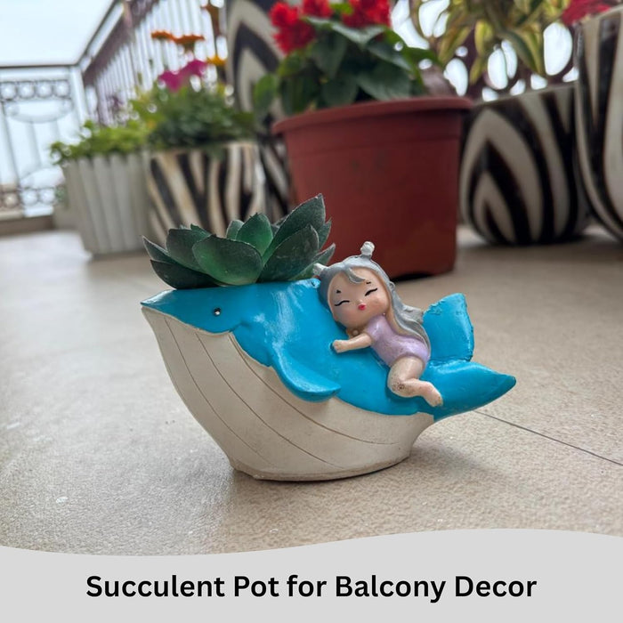 4.7 Inch Whimsical Blue Whale & Sleeping Fairy Succulent Planter – Decorative Resin Indoor Pot for Small Plants, Air Plants, and Fairy Gardens- Plant Not Included