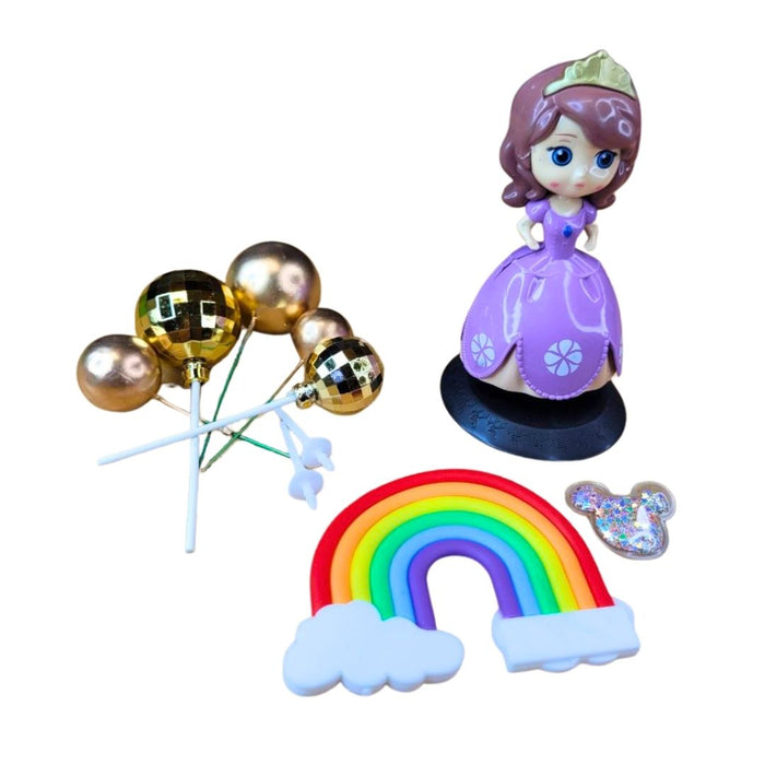 Wonderland Princess Cake Topper Set - Purple Dress Doll with Gold Disco Ball & Party Accessories for Kids' Birthday Decoration, Theme Party Supplies