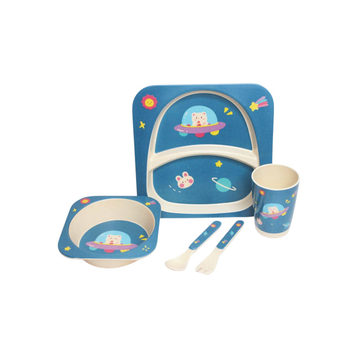 Wonderland Space style (Set of 5 Pcs) Eco-Friendly Kids Bamboo Fiber Tableware Set/Bamboo Fiber Dinner Set/Dinnerware/Divided Plate for Babies