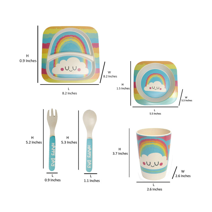 Wonderland Rainbow style (Set of 5 Pcs) Eco-Friendly Kids Bamboo Fiber Tableware Set/Bamboo Fiber Dinner Set/Dinnerware/Divided Plate for Babies