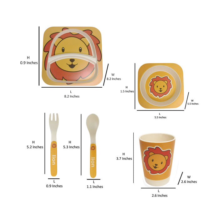 Wonderland Lion style (Set of 5 Pcs) Eco-Friendly Kids Bamboo Fiber Tableware Set/Bamboo Fiber Dinner Set/Dinnerware/Divided Plate for Babies