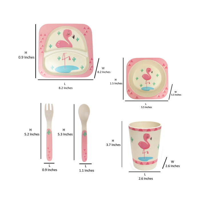 Wonderland Flamingo style (Set of 5 Pcs) Eco-Friendly Kids Bamboo Fiber Tableware Set/Bamboo Fiber Dinner Set/Dinnerware/Divided Plate for Babies