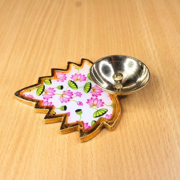 Wonderland 3.1inchLotus Flower Brass Diya|Oil Lamp with Meenakari Leaf Design