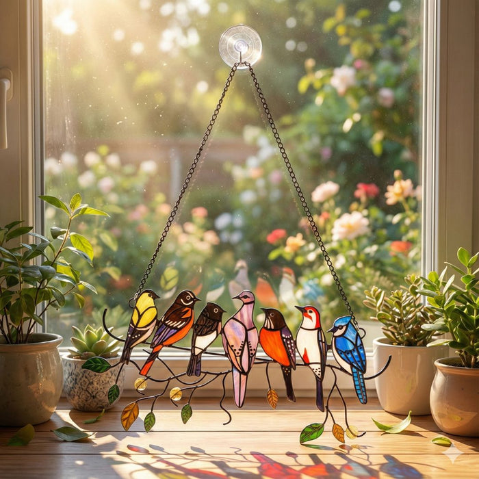 Wonderland Colourful Stained Acrylic Hanging Birds for Window| Wind Chime for Balcony| Hanging Wall Décor