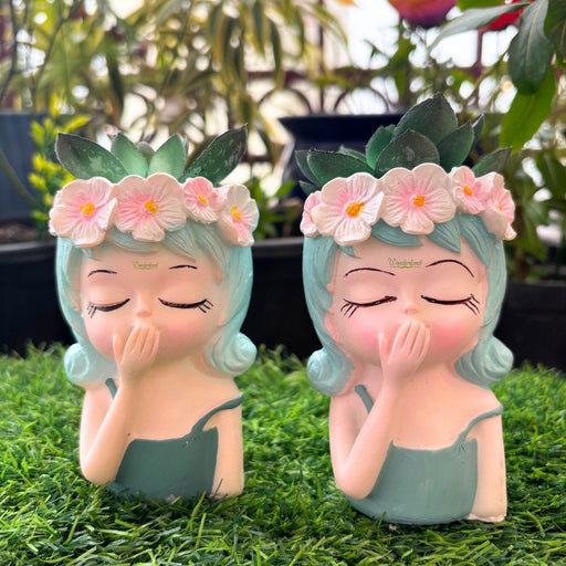 Girl" Succulent Planters – Set of 2 Hand-Painted Resin Face Pots with Flower Crowns for Indoor Home & Office Decor