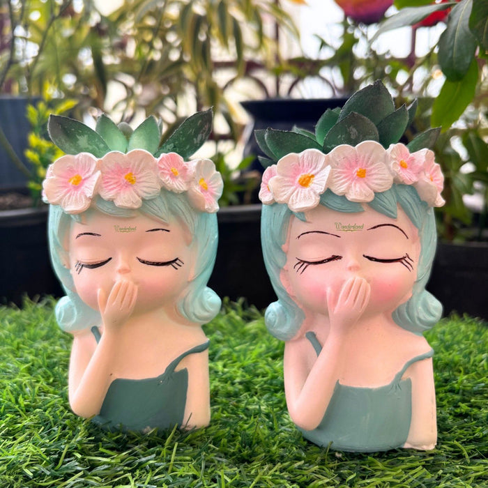 Girl" Succulent Planters – Set of 2 Hand-Painted Resin Face Pots with Flower Crowns for Indoor Home & Office Decor