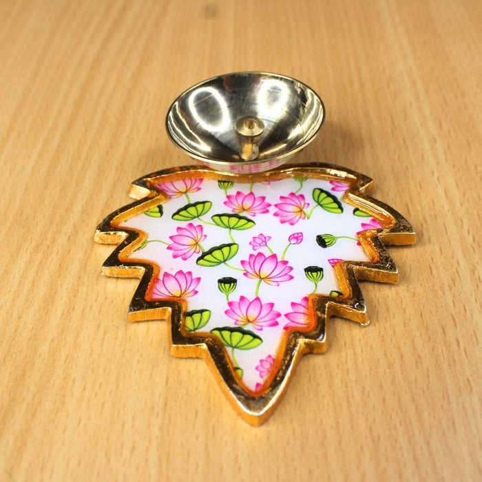Wonderland 3.1inchLotus Flower Brass Diya|Oil Lamp with Meenakari Leaf Design