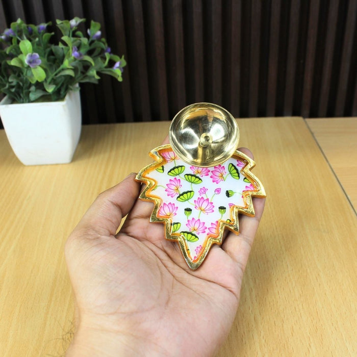 Wonderland 3.1inchLotus Flower Brass Diya|Oil Lamp with Meenakari Leaf Design