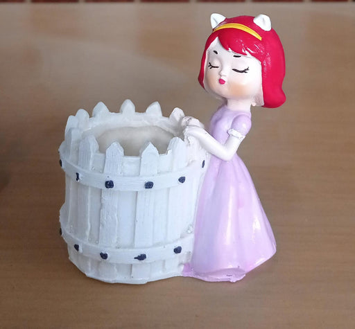 Small decorative resin planter/succulent pot featuring a girl in a lavender dress with pink hair and cat ears leaning against a white picket fence-style barrel.