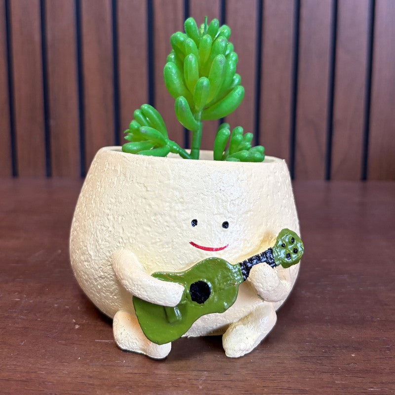 Musical Character Planter – Yellow Pot with Green Guitar