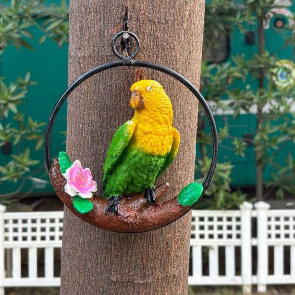 Hand-Painted  Parrot Bird Figurine on Branch with Flower