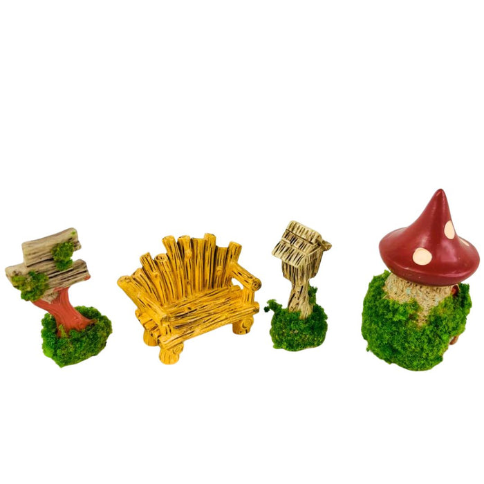 Wonderland set of 4 Miniature Fairy Garden Accessories Kit | Whimsical Wood-Look Resin Figurines (4 Pcs)