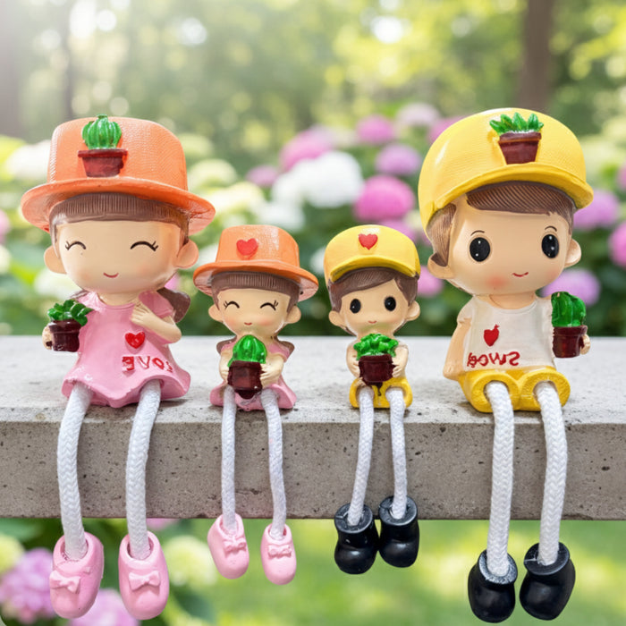 Wonderland Family of 4 Shelf Hanging Doll Figurines - Cute Resin Family Statue|Hand-Painted Home Decor for Living Room, Bookshelf, Mantel - Bench is not included