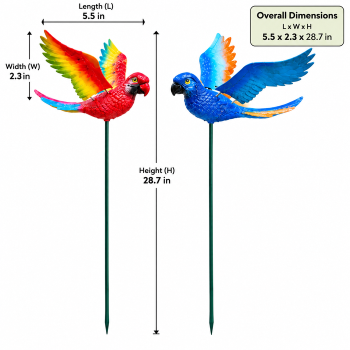 Flying Parrot Garden Stakes (Set of 2) – Blue & Red Tropical Bird Sticks with Metal Ground Stake for Lawn Borders & Patio Pots