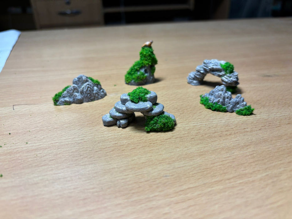 Wonderland Miniature Rock Terrain Set | 5-Piece Hand-Painted Scenic Elements for Tabletop , DollHouse Accessory, DIY Craft emblishments and Models