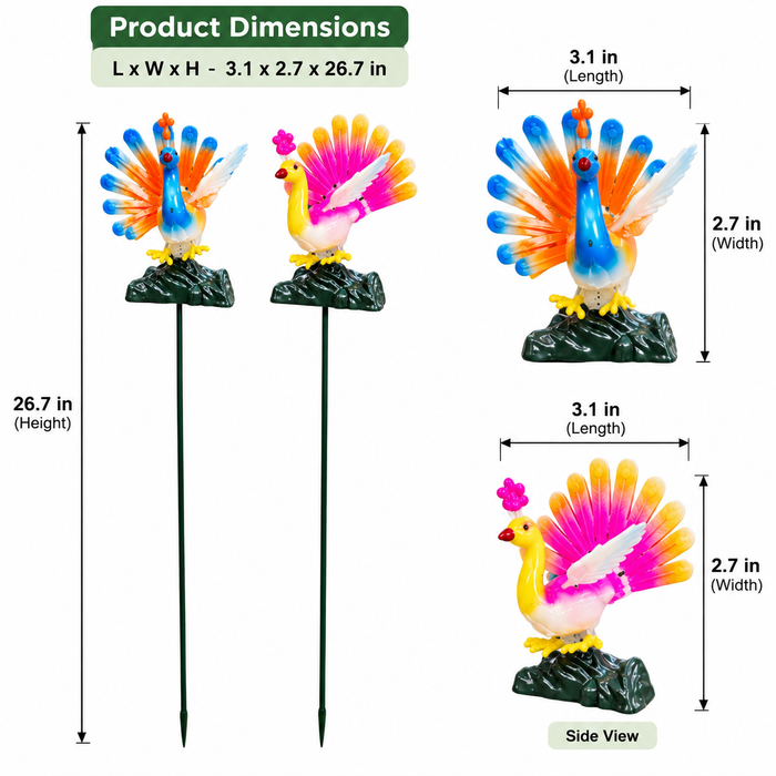 Decorative Peacock Garden Stakes (Set of 2) – Yellow & Green Fan-Tail Bird Sticks for Flower Beds, Pathways & Potted Plants