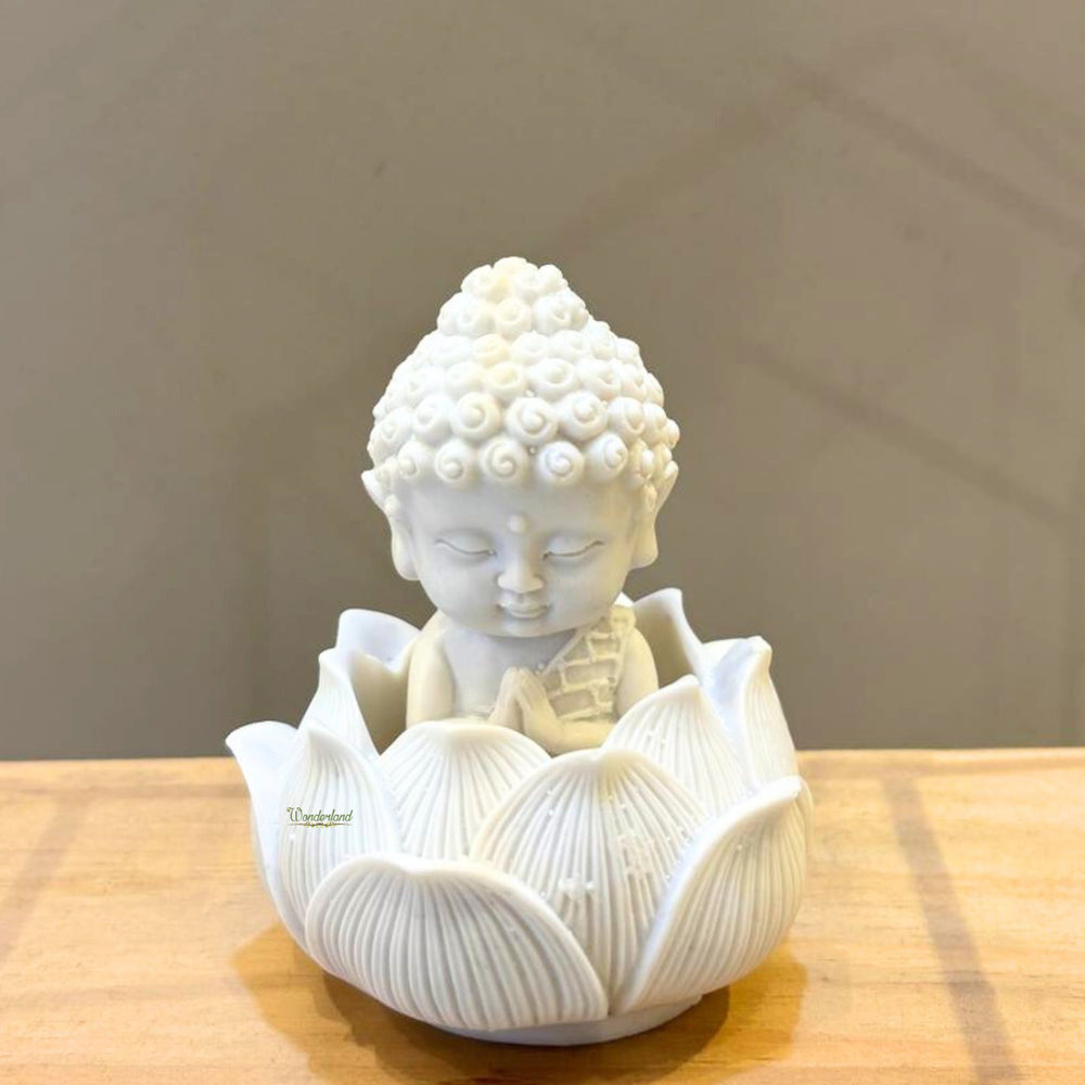Handcrafted White Resin Monk on Lotus | Spiritual Peace & Meditation Gift