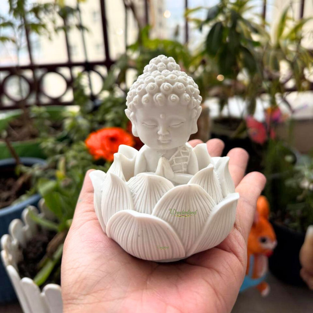 Handcrafted White Resin Monk on Lotus | Spiritual Peace & Meditation Gift