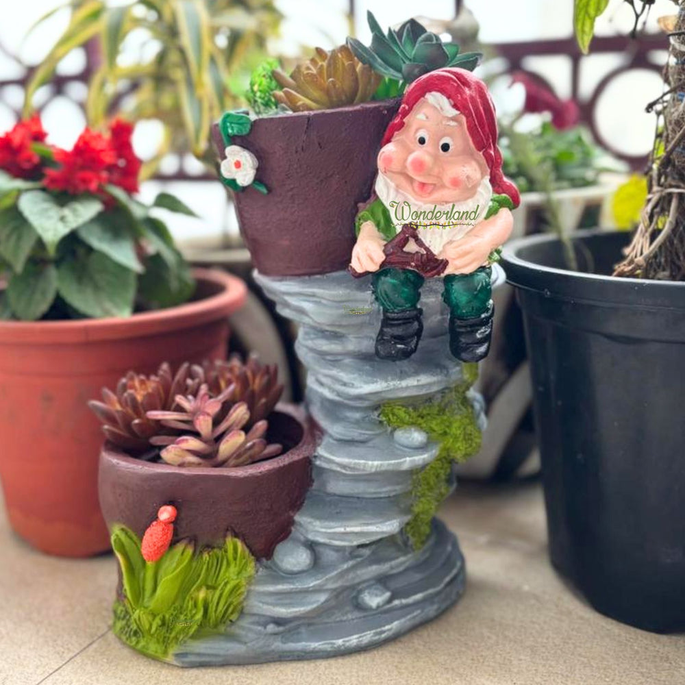 Hand-Painted Gnome Sculpture Two-Pot Planter |Indoor/Outdoor Dual-Pot