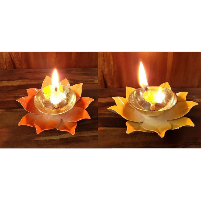 Wonderland orange yellow lotus shape metal brass diya set of 2