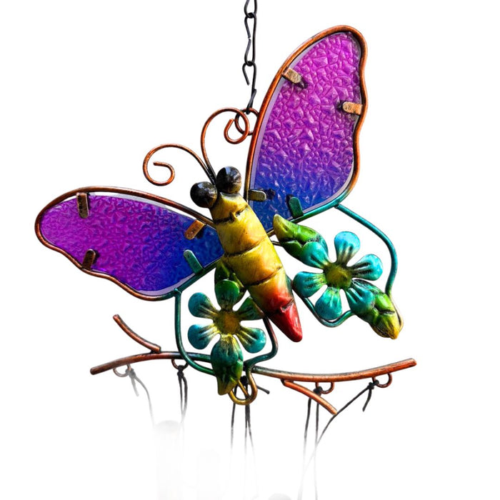 Wonderland Copper-Toned Metal and Purple Stained Glass Butterfly Wind Chime for Garden, Balcony Décor | Hanging Wall Décor