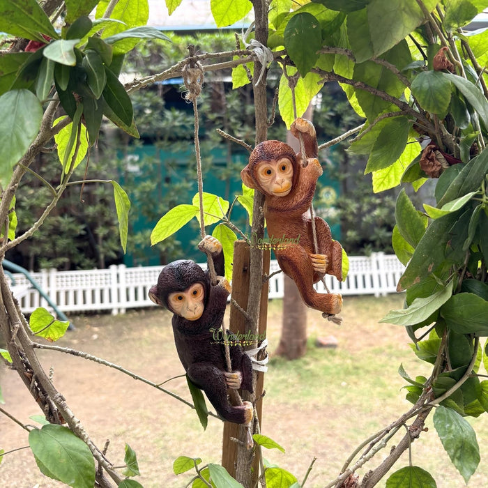 Light & Dark Brown Playful Climbing Monkey Tree Hanging Garden Statues - Set of 2 Resin Primate Sculptures for Outdoor Decor and Patio Accents