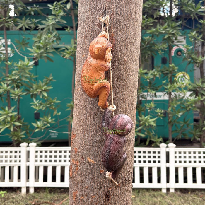 Light & Dark Brown Playful Climbing Monkey Tree Hanging Garden Statues - Set of 2 Resin Primate Sculptures for Outdoor Decor and Patio Accents